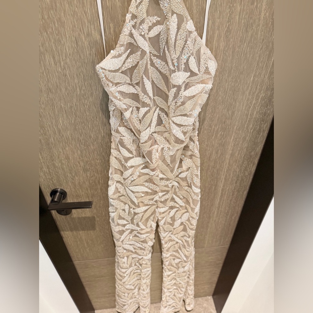 NADINE MERABI Beige Leaf Halter Jumpsuit - Picture 3 of 16